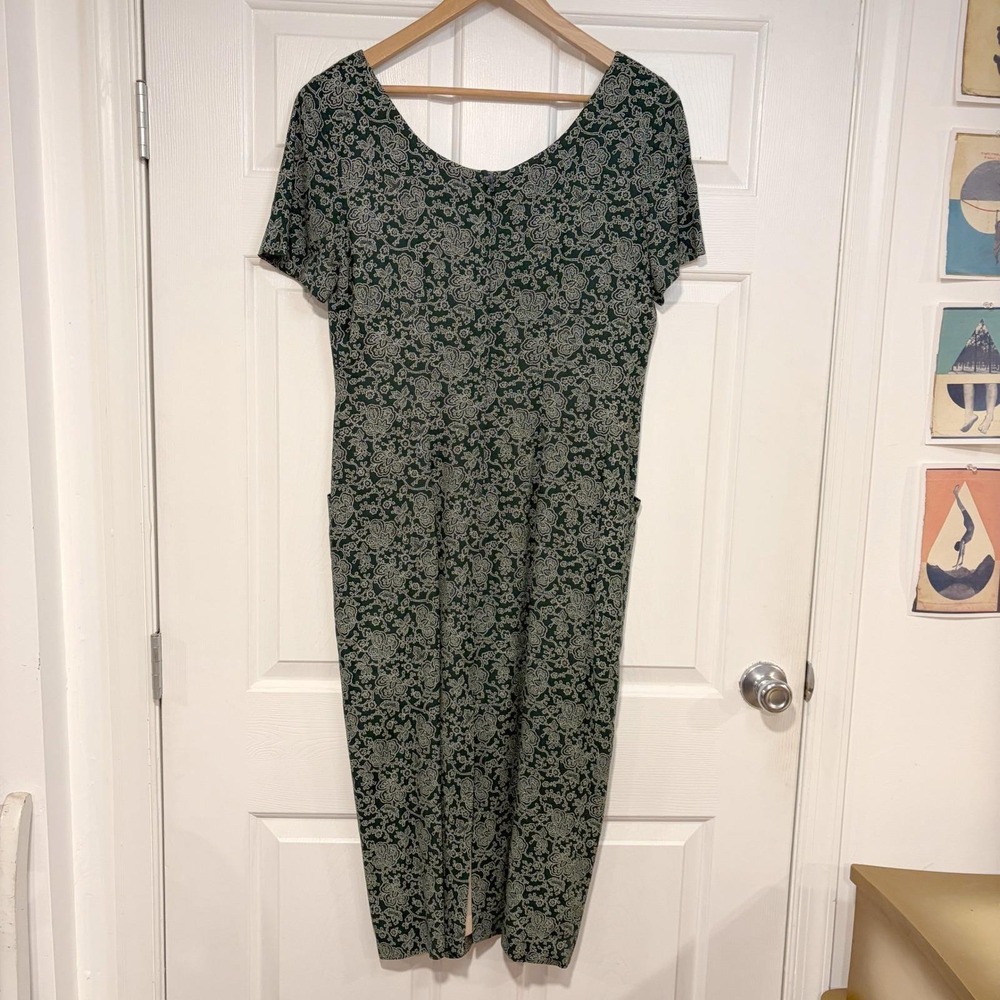 Santa Fe Jim Tremblay Vintage 90s Green Cream Floral Rayon Midi Dress L Straight - Picture 2 of 11